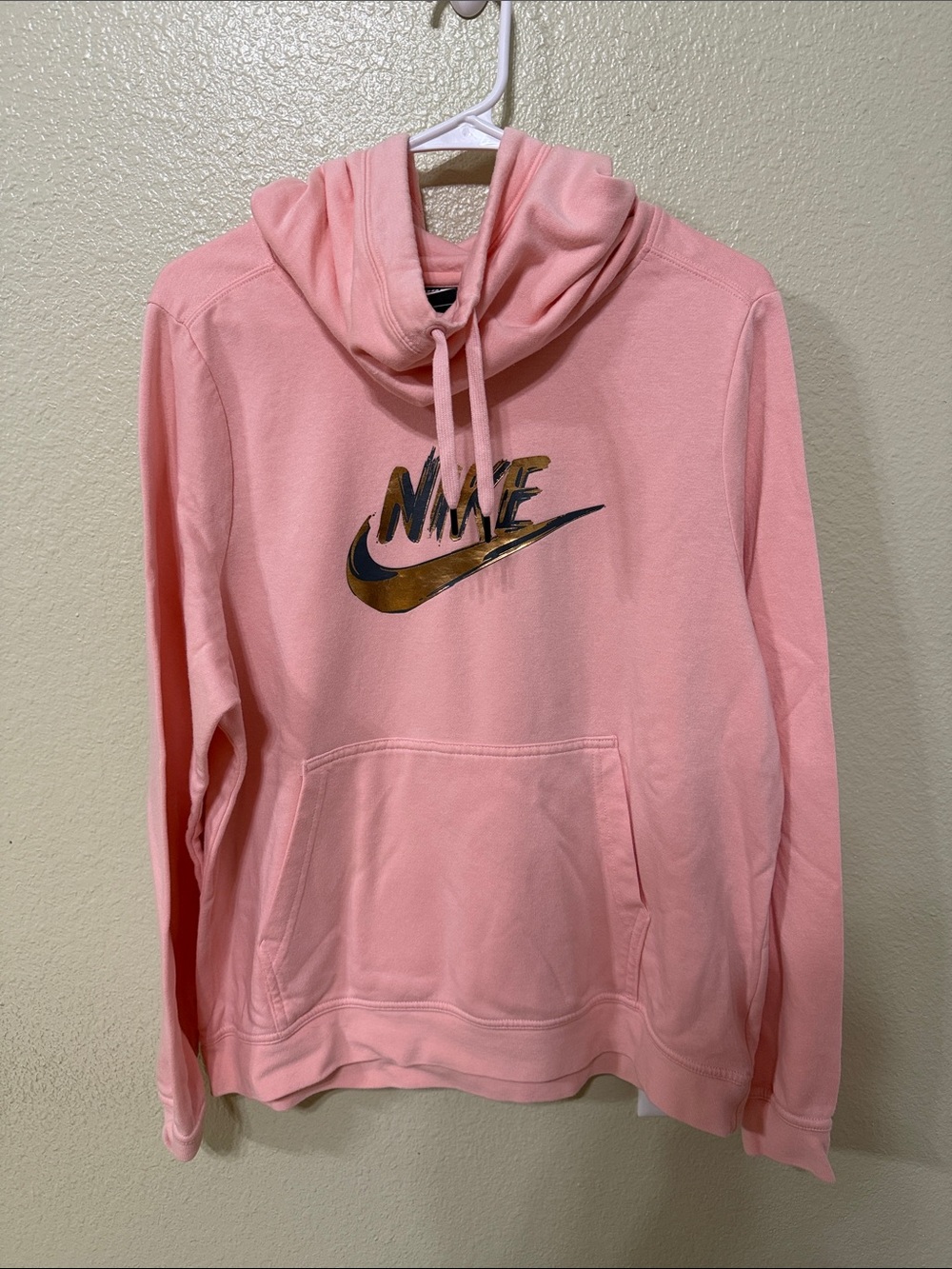 Nike Women's Pink Cowl Neck Hoodie with Metallic Gold Logo